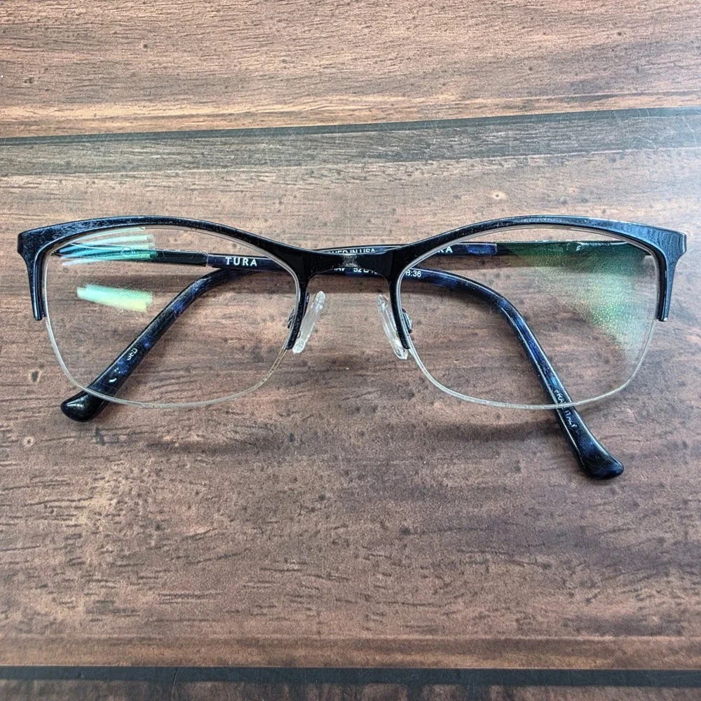 Tura TE247 Navy Blue Semi Rimless Cat Eye Eyeglasses Crystal Temples 52-18-135‎